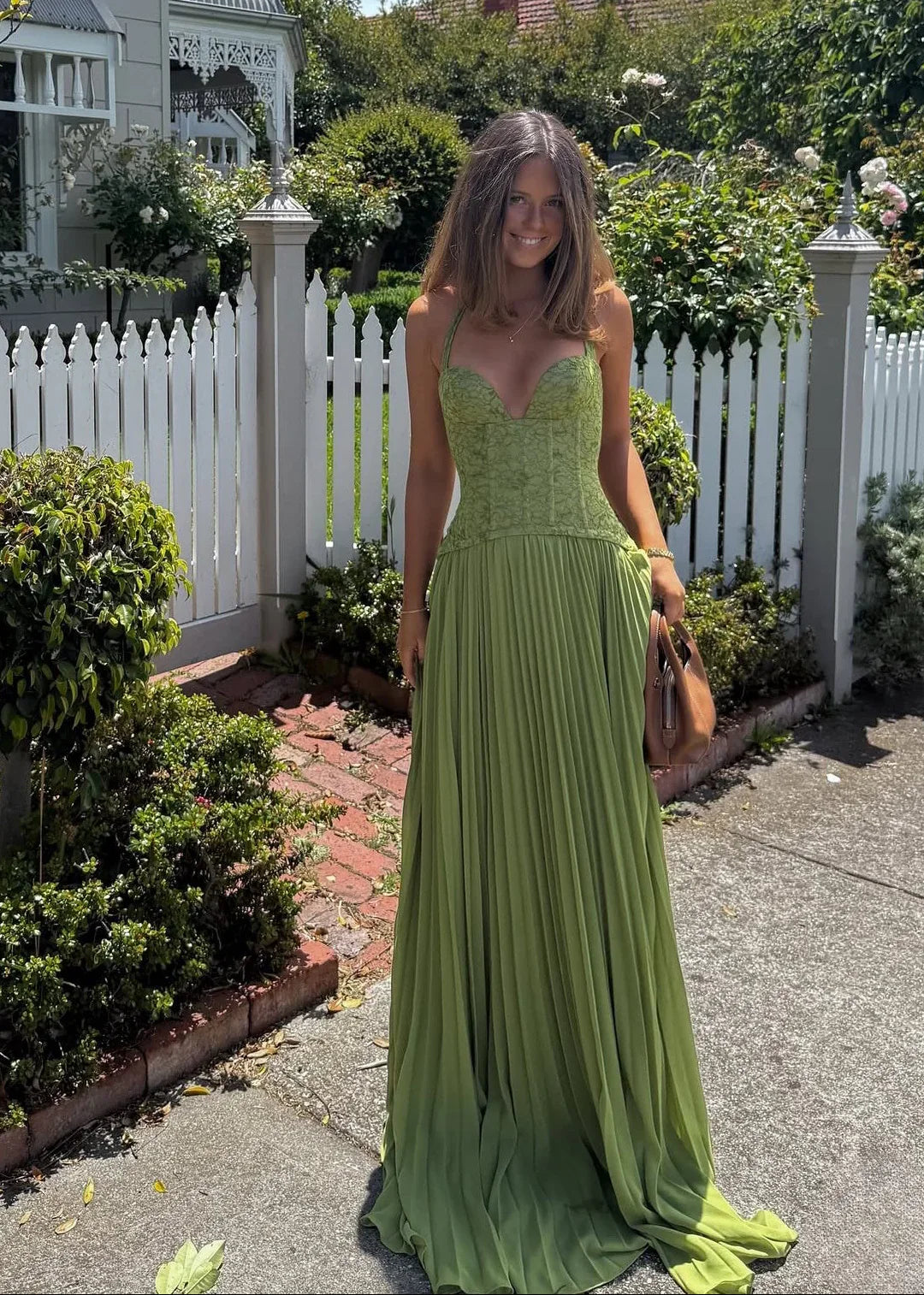 Women's Maxi Dress Sage Corset Pleated Sleeveless – Wedding Guest