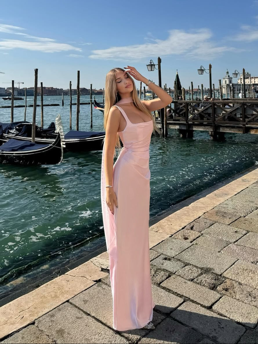 Women's Maxi Dress Square Neck Ruched Sleeveless Scarf – Wedding Guest