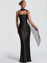 Women's Maxi Dress Square Neck Ruched Sleeveless Scarf – Wedding Guest