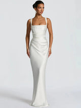 Women's Maxi Dress Square Neck Ruched Sleeveless Scarf – Wedding Guest