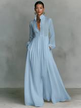 Women's Maxi Dress Stand Collar Long Sleeve Button Front – Resort Dinner