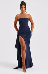 Women's Maxi Dress Strapless Ruched Front High Slit – Wedding Guest Party