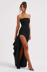 Women's Maxi Dress Strapless Ruched Front High Slit – Wedding Guest Party