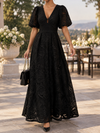 Women’s Maxi Dress V-Neck Keyhole Puff Sleeves Openwork Pattern – Evening Receptions