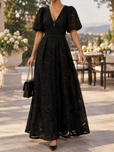 Women’s Maxi Dress V-Neck Keyhole Puff Sleeves Openwork Pattern – Evening Receptions