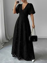 Women’s Maxi Dress V-Neck Keyhole Puff Sleeves Openwork Pattern – Evening Receptions