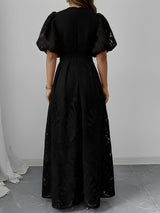 Women’s Maxi Dress V-Neck Keyhole Puff Sleeves Openwork Pattern – Evening Receptions