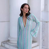 Women's Maxi Dress V Neck Long Sleeve Front Slit – Beach Vacation