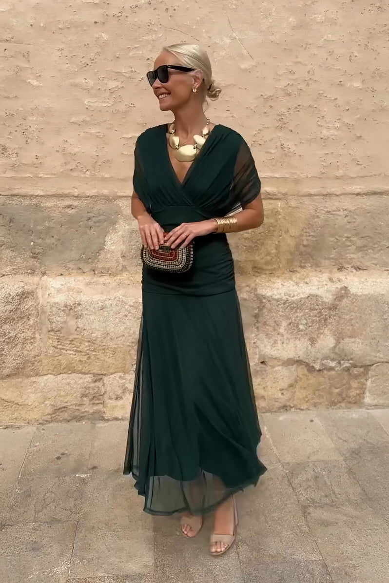 Women's Maxi Dress V-Neck Ruched Off Shoulder – Wedding Guest