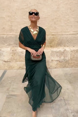 Women's Maxi Dress V-Neck Ruched Off Shoulder – Wedding Guest