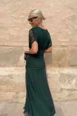 Women's Maxi Dress V-Neck Ruched Off Shoulder – Wedding Guest