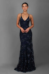 Women’s Maxi Dress V Neck Sequin Crisscross Back – Black Tie Affairs
