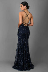 Women’s Maxi Dress V Neck Sequin Crisscross Back – Black Tie Affairs