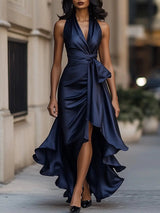 Women's Maxi Evening Dress Halter Wrap V-Neck Ruffle Hem – Cocktail Party