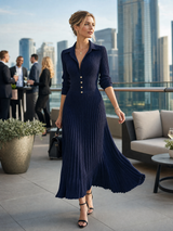 Women’s Maxi Knit Dress Collared V-Neck Ribbed Button Detail – Dinner Gatherings