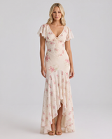 Women's Maxi Summer Dress Floral Mermaid V Neck Flutter Sleeve – Wedding Guest