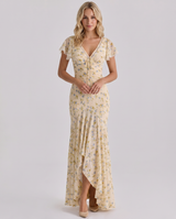Women's Maxi Summer Dress Floral Mermaid V Neck Flutter Sleeve – Wedding Guest