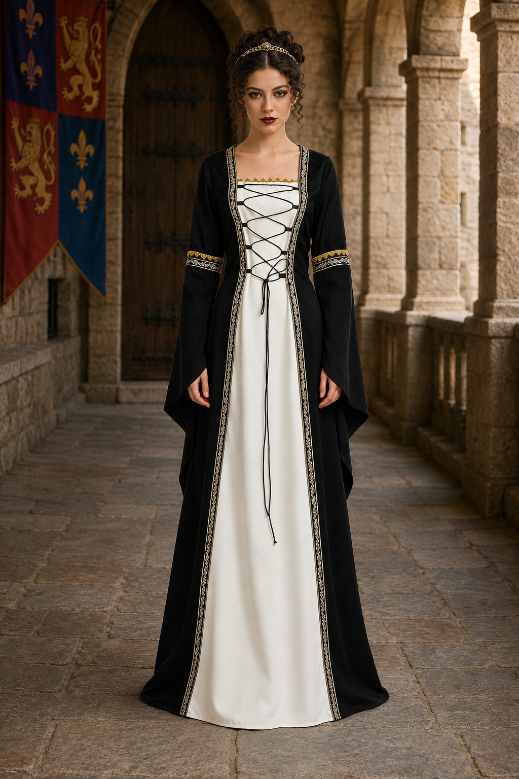 Women's Medieval Court Dress Costume Lace-Up Bell Sleeve – Halloween Masquerade