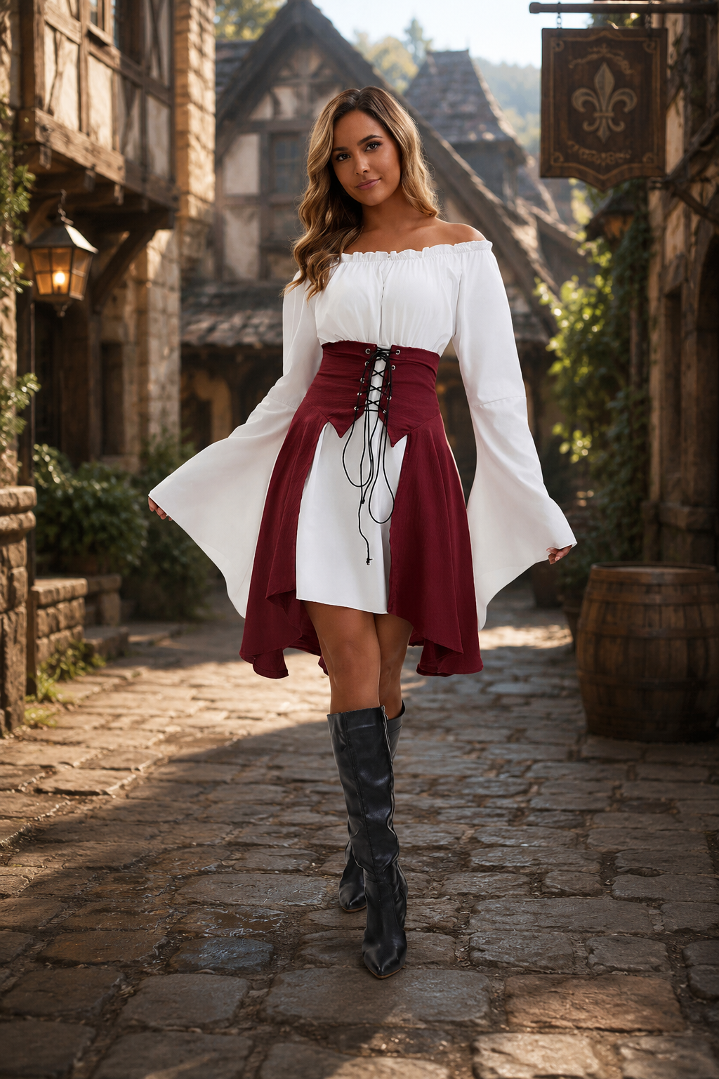 Women's Medieval Renaissance Costume Off-Shoulder Lace-Up Flare Sleeve – Halloween Court Gathering