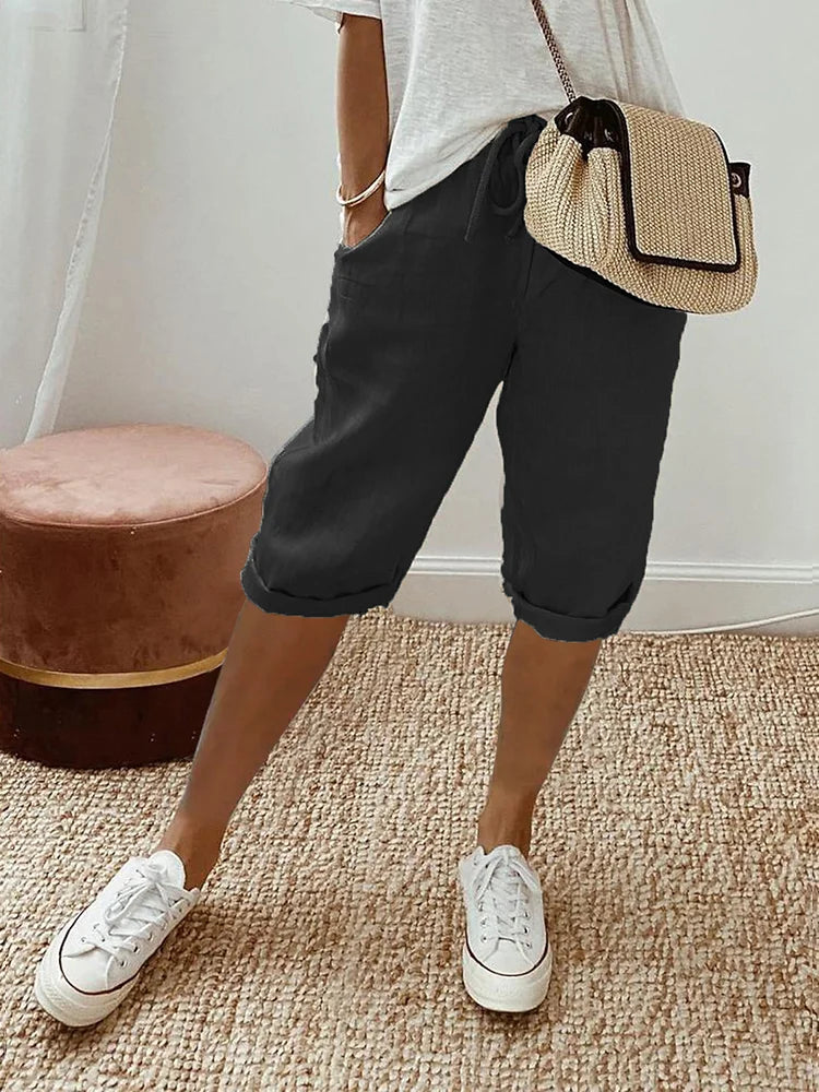 Women's Mid-Length Shorts Wide Leg Drawstring Rolled Cuff – Relaxed Summer Look