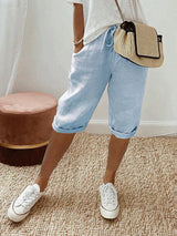 Women's Mid-Length Shorts Wide Leg Drawstring Rolled Cuff – Relaxed Summer Look