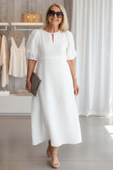 Women's Midi Dress A-Line Keyhole Neck Puff Sleeve – Bridal Shower