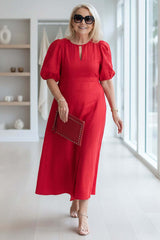 Women's Midi Dress A-Line Keyhole Neck Puff Sleeve – Bridal Shower