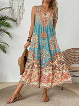 Women's Midi Dress Boho Paisley Sleeveless Tiered Hem – Summer Vacation