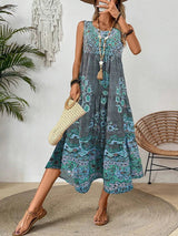 Women's Midi Dress Boho Paisley Sleeveless Tiered Hem – Summer Vacation