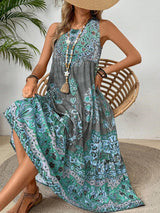 Women's Midi Dress Boho Paisley Sleeveless Tiered Hem – Summer Vacation