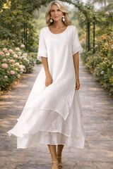 Women's Midi Dress Layered Hem Short Sleeve – Garden Party