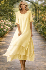 Women's Midi Dress Layered Hem Short Sleeve – Garden Party