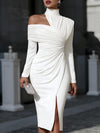 Women's Midi Dress One Shoulder Long Sleeve Front Slit – Cocktail Party