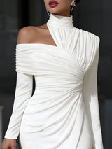Women's Midi Dress One Shoulder Long Sleeve Front Slit – Cocktail Party