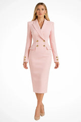 Women’s Midi Dress Peak Lapel Double-Breasted Long Sleeves – Business Luncheons
