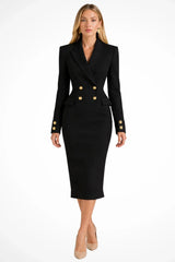 Women’s Midi Dress Peak Lapel Double-Breasted Long Sleeves – Business Luncheons