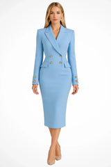 Women’s Midi Dress Peak Lapel Double-Breasted Long Sleeves – Business Luncheons