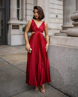 Women's Midi Dress Pleated Cut Out V Neck – Formal Evening