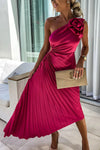 Women's Midi Dress Pleated One Shoulder Sleeveless – Wedding Guest