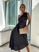 Women's Midi Dress Pleated One Shoulder Sleeveless – Wedding Guest