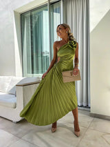 Women's Midi Dress Pleated One Shoulder Sleeveless – Wedding Guest