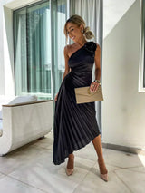 Women's Midi Dress Pleated One Shoulder Sleeveless – Wedding Guest