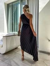 Women's Midi Dress Pleated One Shoulder Sleeveless – Wedding Guest