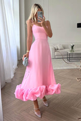 Women's Midi Dress Spaghetti Strap Scoop Neck Ruffle Hem – Wedding Guest