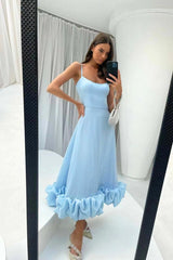 Women's Midi Dress Spaghetti Strap Scoop Neck Ruffle Hem – Wedding Guest