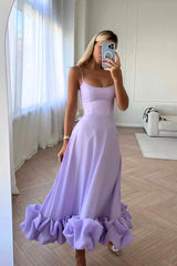 Women's Midi Dress Spaghetti Strap Scoop Neck Ruffle Hem – Wedding Guest
