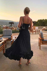 Women's Midi Dress Spaghetti Strap Scoop Neck Ruffle Hem – Wedding Guest