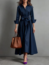 Women’s Midi Shirt Dress Point Collar Button Front Waist Tie – Business Luncheons