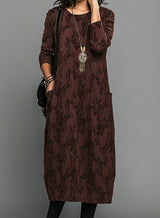 Women’s Midi Winter Dress Round Neck Long Sleeve Leaf Pattern – Library Afternoons