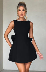 Women's Mini Dress A-Line Bateau Neck Pearl Trim – Wedding Guest Dress